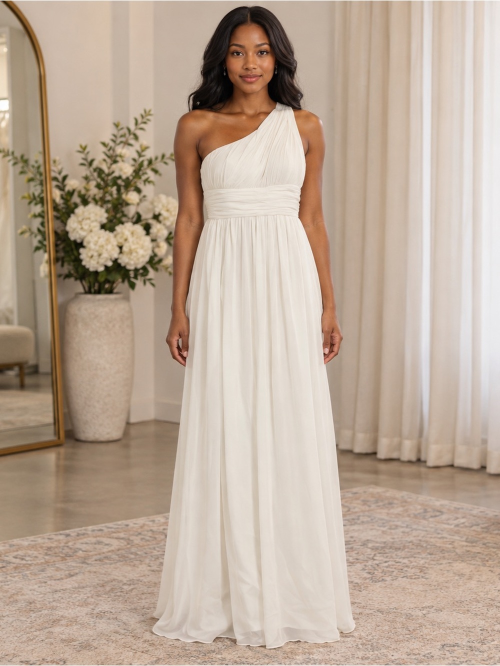 Fancy Schmancy White One Shoulder Chiffon Formal Maxi Gown Dress Size 2